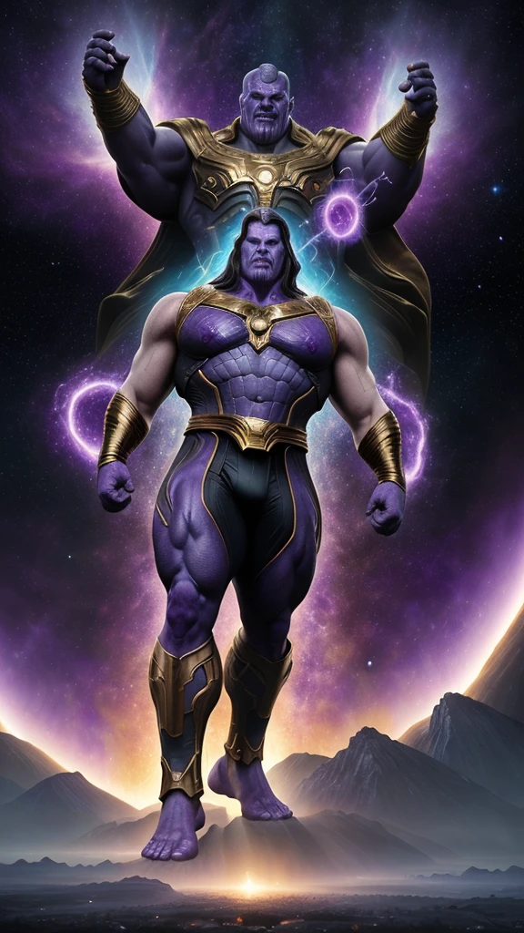 Create a majestic and powerful depiction of Thanos from the Marvel universe, making him appear as the ultimate god of gods, radiating cosmic energy and supreme authority. Show Thanos with an awe-inspiring presence, towering over the universe with an air of unmatched strength and divine magnitude.