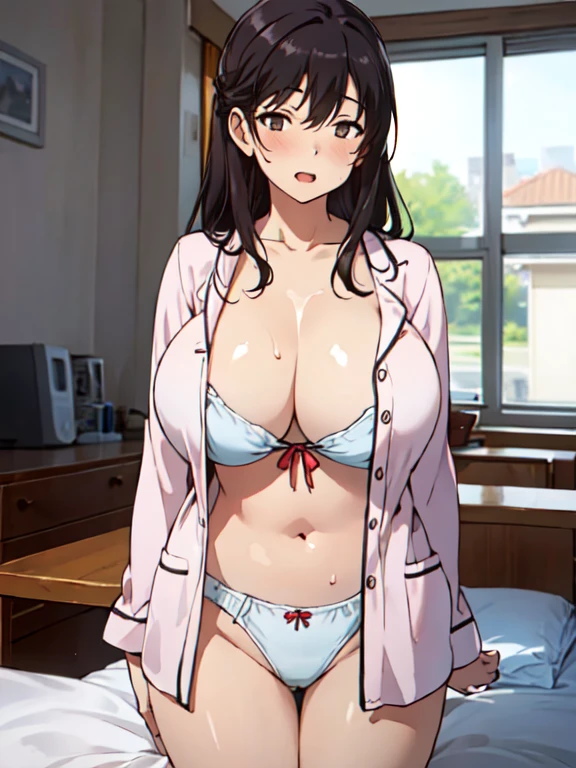 ((masterpiece)), ((best quality)), (ultra-detailed), ((extremely detailed)), 4K, (8K), best quality, 1girl, (((full color))), (((perfect anatomy))), (five fingers), , (beautiful detailed black hair), (((world-class quality))), photorealistic, extremely detailed, high resolution, (((detailed shaded pretty face))), house wife, (mature lady), solo, (((sagging breasts))), ((glowing detailed skin and hair)), white-skinned, ((((gleaming skin)))), full-face blush, tired hair , open mouth ,(half closed eyes:1.1), BREAK, , perspired, oil, thigh, (wearing beautiful detailed Oversize pajamas:1.3), (unbutton:1.1),(cleavage:1.1),half undress, bottomless, panties, BREAK, bed room