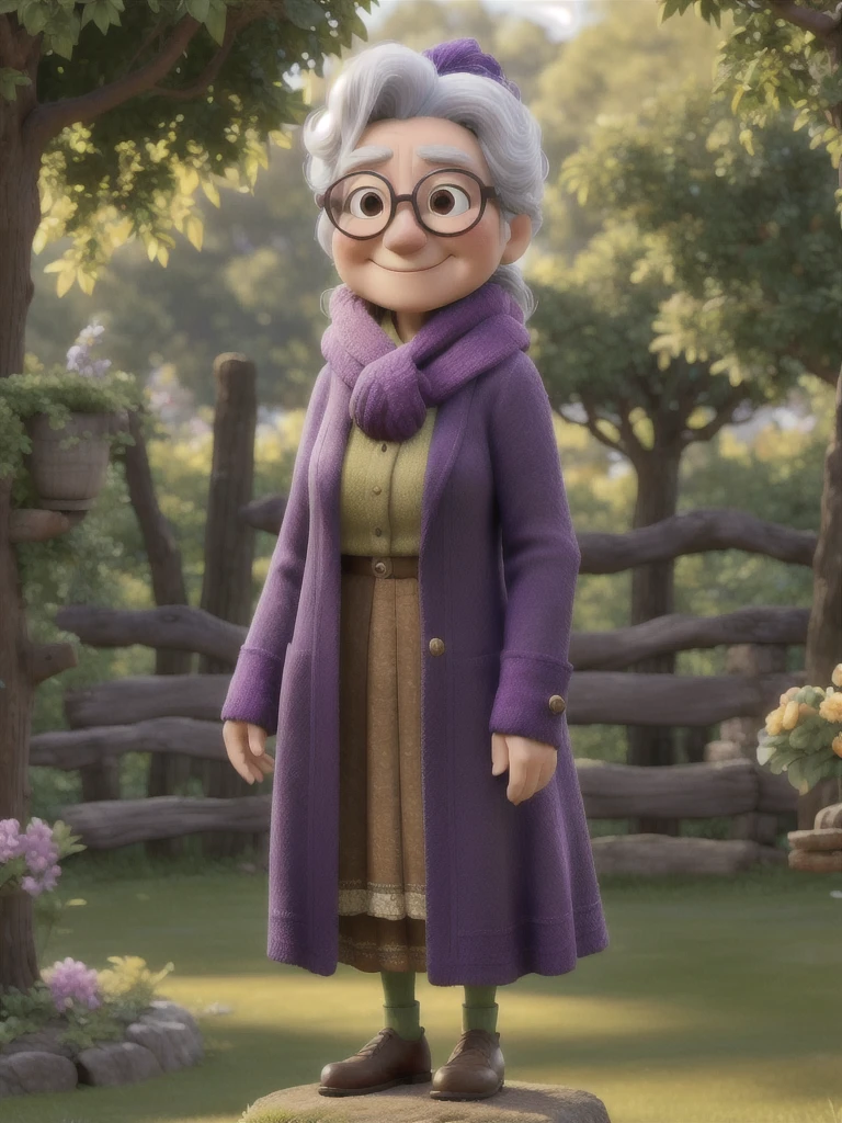 masterpiece, best quality, 8K resolution, aspect ratio 9:16 (4320x7680), a detailed portrait of an old woman with glasses and a scarf on, wearing a purple coat and green scarf, standing in a lush, green park on a sunny day, with blooming flowers and tall trees in the background, sunlight filtering through the leaves, casting a warm glow on her face, her expression is gentle and kind, with a serene smile, the texture of her coat and scarf is clearly visible, capturing the warmth and charm of a peaceful morning in the park