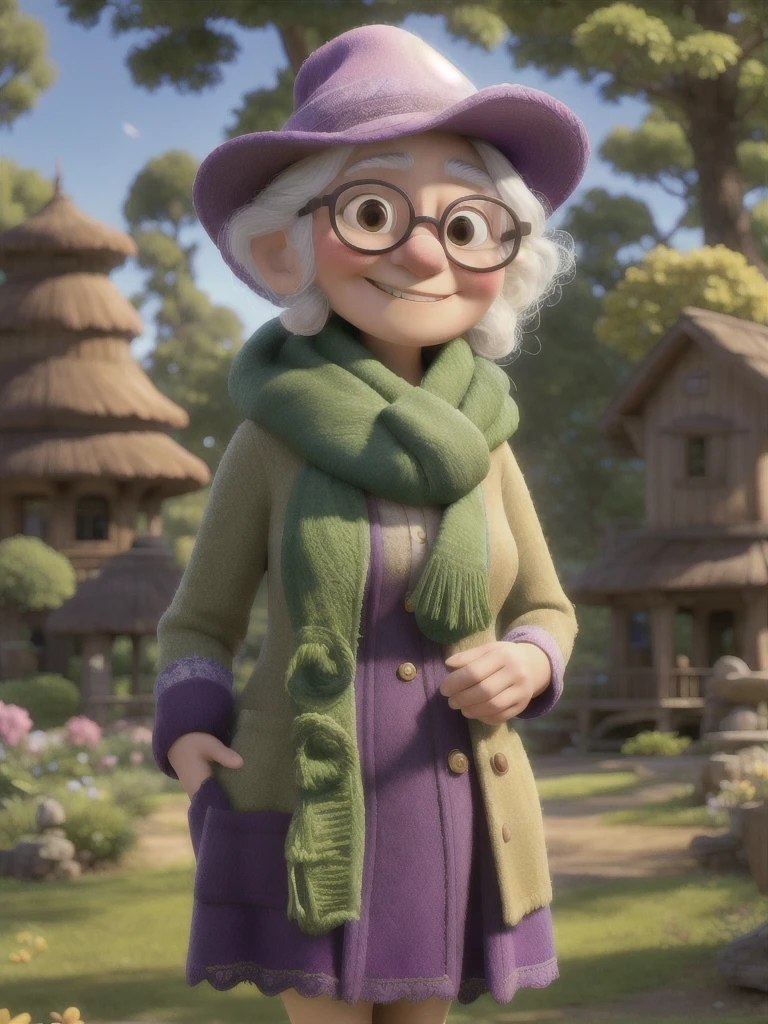 masterpiece, best quality, 8K resolution, aspect ratio 9:16 (4320x7680), a detailed portrait of an old woman with glasses and a scarf on, wearing a purple coat and green scarf, standing in a lush, green park on a sunny day, with blooming flowers and tall trees in the background, sunlight filtering through the leaves, casting a warm glow on her face, her expression is gentle and kind, with a serene smile, the texture of her coat and scarf is clearly visible, capturing the warmth and charm of a peaceful morning in the park