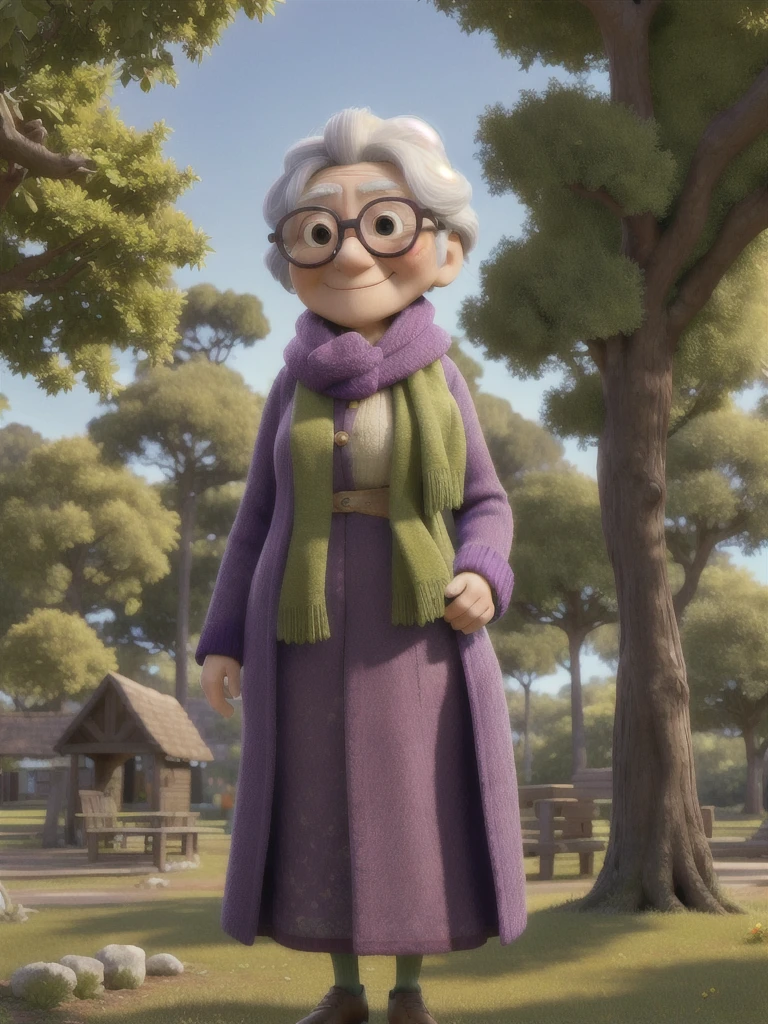 masterpiece, best quality, 8K resolution, aspect ratio 9:16 (4320x7680), a detailed portrait of an old woman with glasses and a scarf on, wearing a purple coat and green scarf, standing in a lush, green park on a sunny day, with blooming flowers and tall trees in the background, sunlight filtering through the leaves, casting a warm glow on her face, her expression is gentle and kind, with a serene smile, the texture of her coat and scarf is clearly visible, capturing the warmth and charm of a peaceful morning in the park