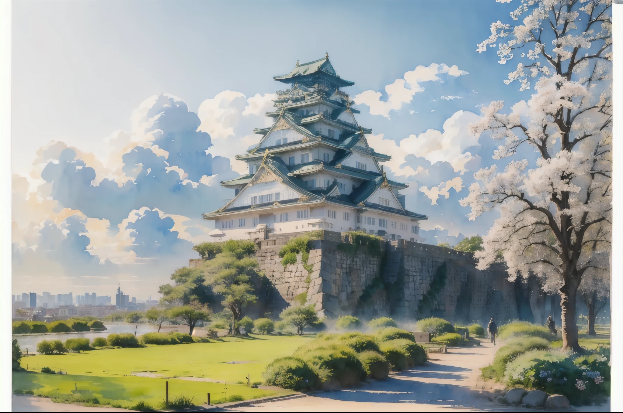 (masterpiece),(Highest quality:1.2),(Very detailed:1.2),(High resolution),(((watercolor))),8K,wallpaper,Osaka Castle,summer,(osakajou, cloud, tree, sky, outdoors, scenery, architecture, day, building, cloudy sky, road, blue sky, real world location)
