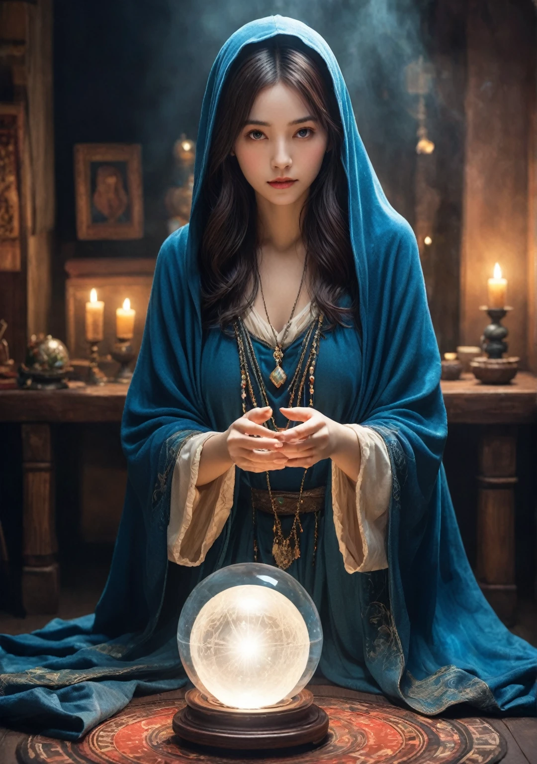 Female fortune teller. Charming, beautiful, and mysterious. She wears a blue cloak and has distinct features. front. The atmosphere is bright and sparkling, full of anxiety and anticipation. A fortune teller is standing there. The body is facing forward. he is looking at you He has a crystal ball in his hand. There are five fingers on the right hand. The interior of the store is brightly lit and creates a magical atmosphere. Best picture quality, 4k or 8k resolution. The level of detail is very detailed and realistic, close to photorealism. Artistic style should reflect an official aesthetic with bright colors and strong contrasts. The color palette should emphasize the mystical and mystical theme of the work. The fortune teller's cloak has a metal edging with a thickness ratio of 1.5 and a detailed design. The overall atmosphere is magical, like a starry sky. The fortune teller's expression arouses mystical interest. Please take a photo from the front.