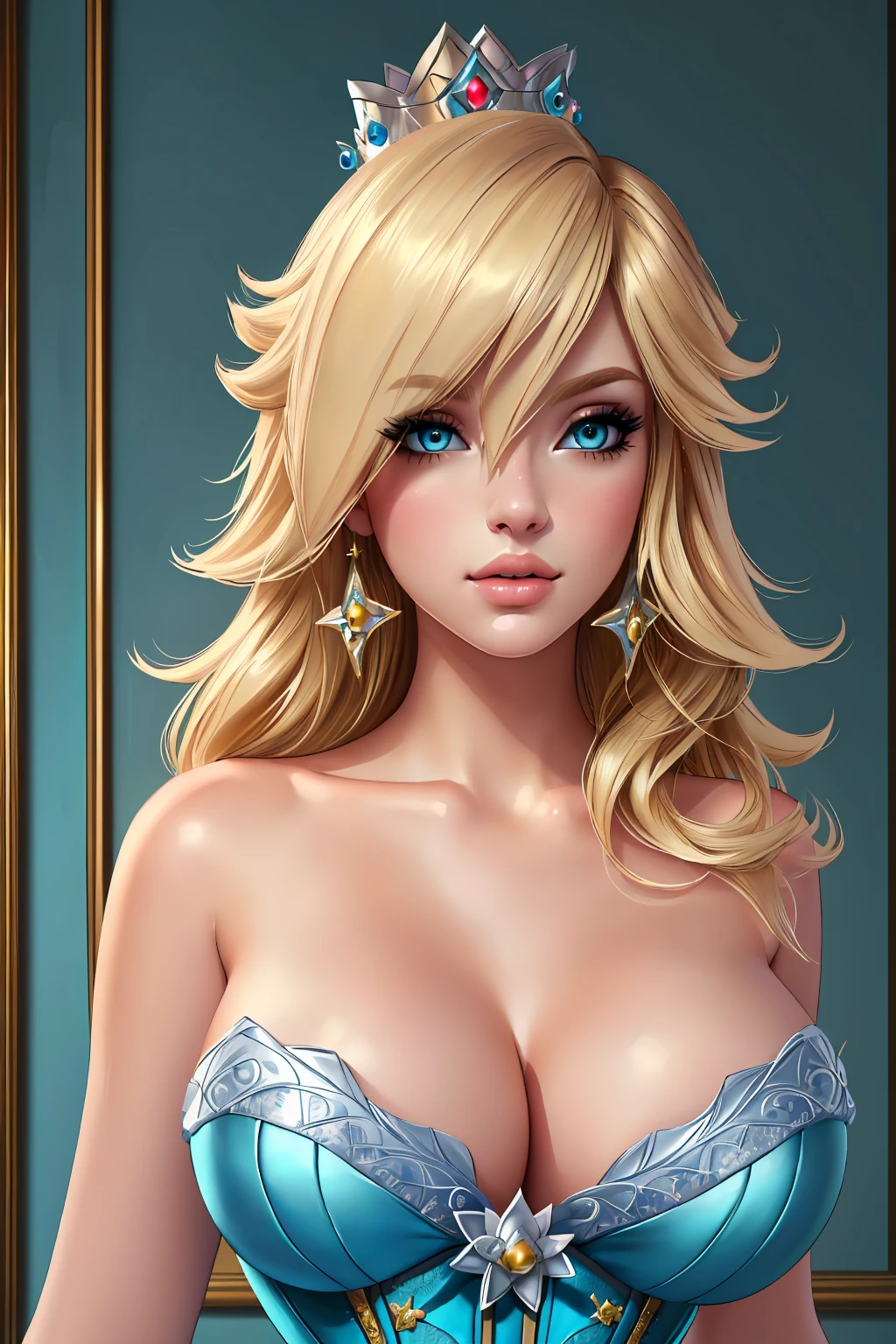 a woman with blonde hair, intricate blue corset, beautiful detailed eyes, beautiful detailed lips, extremely detailed face, longeyelashes, elegant pose, graceful movement, breathtaking, detailed and realistic, oil painting, masterpiece, 8k, high quality, Rosalina 