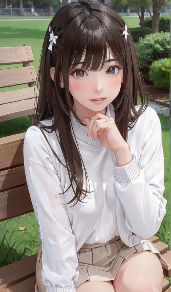(One girl:1.3), Sexy pose, The body is slim,
(Realistic:1.4), (masterpiece, Highest quality, Highest quality, Official Art), Very detailed, Most detailed, (Super detailed), ((Very delicate and beautiful)), Cinematic Light,  (Realistically:1.3), 
(Highly detailed skin:1.2), High resolution, 8K UHD, 4K, 8K, Bokeh, 
Digital single-lens reflex camera, Absurd, Optimal ratio of four fingers to one thumb,
wood々In a park with,Sitting on a bench, 
((Silky long hair)), (Brown Hair),  tears,
Beautiful Face, Perfect Face, highly detailed Beautiful Face, 
cute, shy,blush,
Dynamic Angle, From above,View your viewers,  
Wearing a brown sweater,skirt