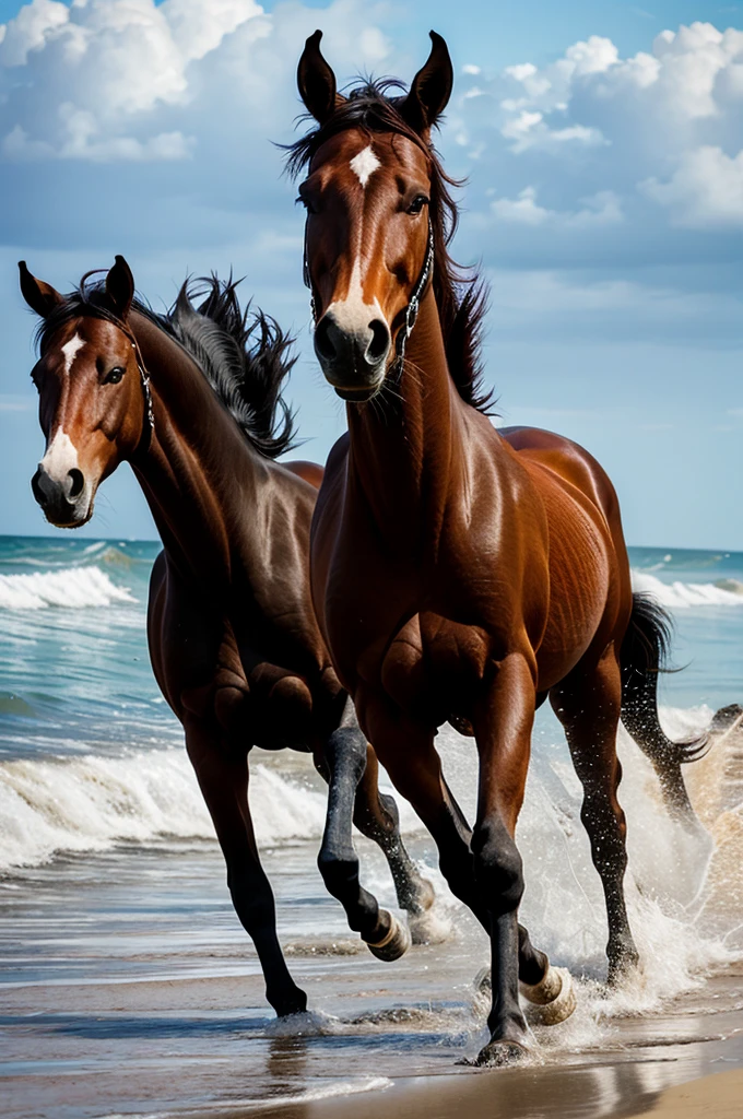Wild horses gallop on the beach