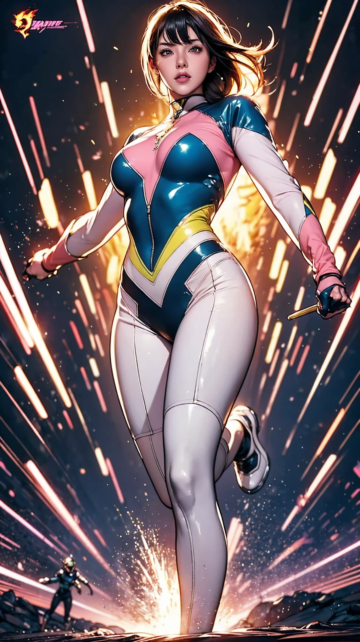 Solo, A brave and courageous image of a 6 member ranger team, Each one is decorated in vibrant colors such as:: ((Pink)), red is front of center, violet, Green, yellow, blue black, white,. Dynamic poses in a background that exudes energy and courage, neon, fire, plasma, Fluorescent, shocking, pink big bomber, splashing pink, running, fighting pose, action pose, Embodying the essence of the classic Sentai superhero team. Each Ranger:: The attire is sophisticated and modern, Each color has elements that reflect its theme., Ready for action. ((Camel Toe)), weapons, in sunset background , in cinematic lighting, cover art mixed cinema poster style,