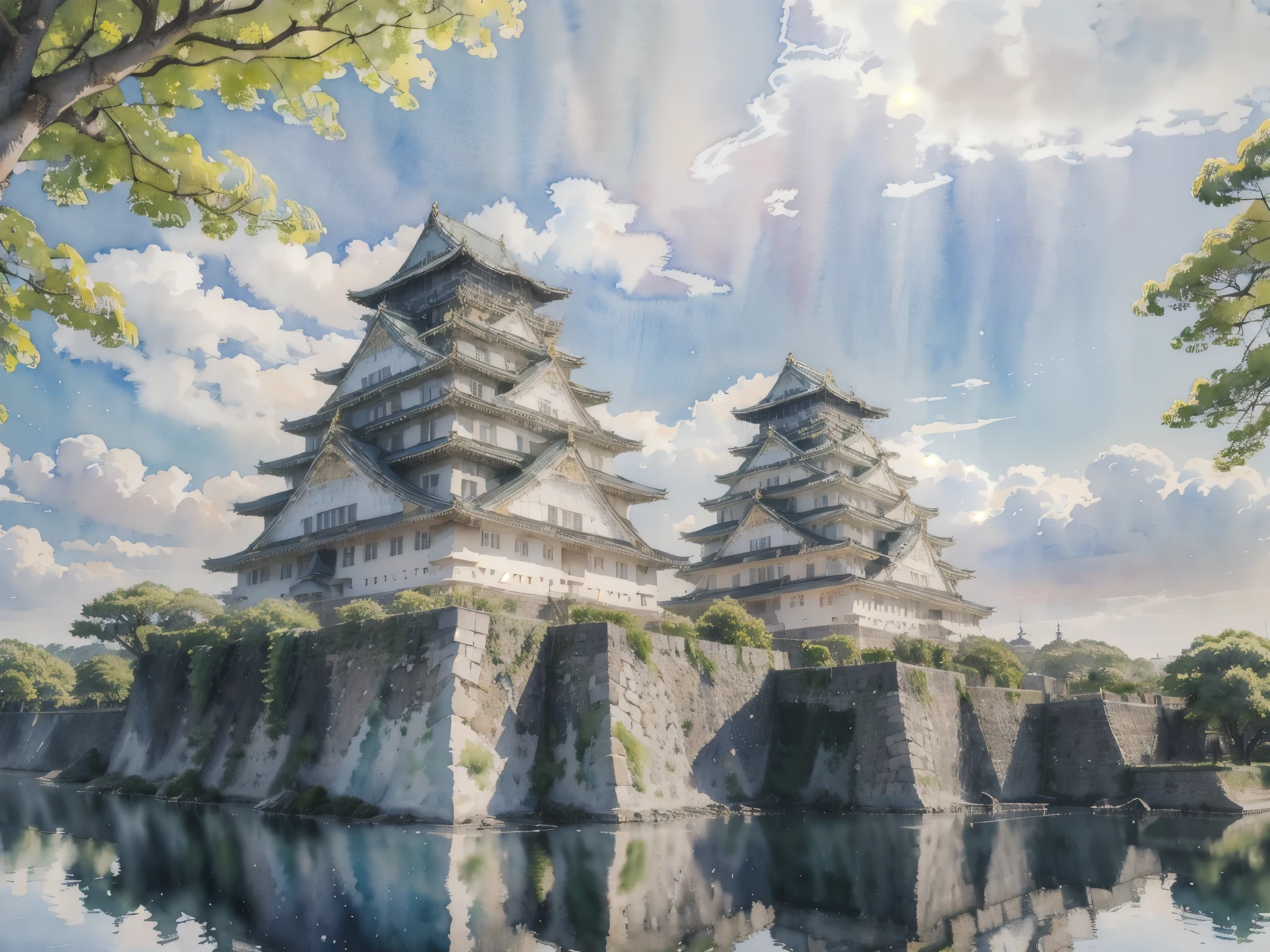 (masterpiece),(Highest quality:1.2),(Very detailed:1.2),(High resolution),(((watercolor))),8K,wallpaper,Osaka Castle,summer,(osakajou, cloud, tree, sky, outdoors, scenery, architecture, day, building, cloudy sky, road, blue sky, real world location)