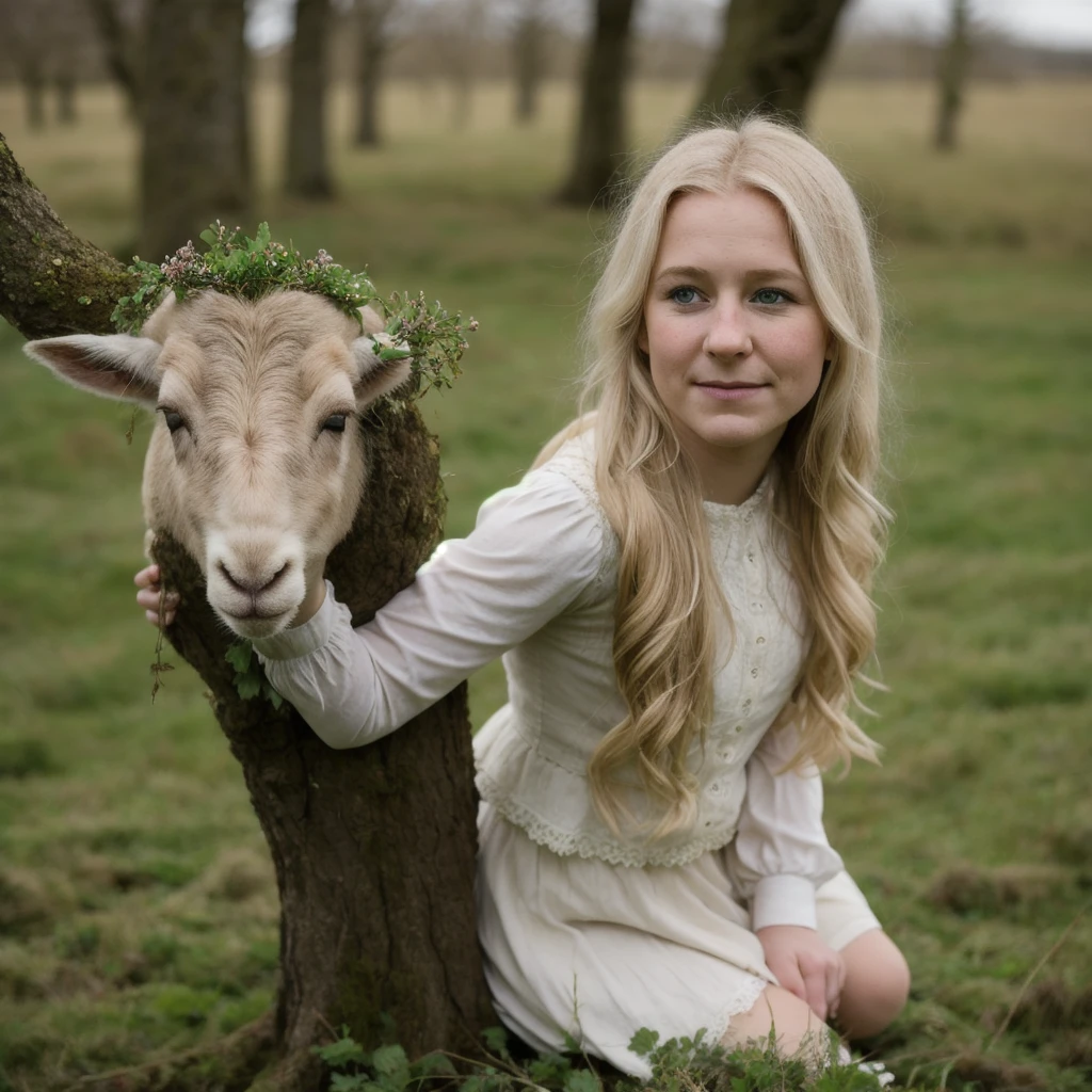 A closeup portrait photo of beautiful 25 year old pretty swedish blonde leprechaun girl, Hawthorn fairy tree in a irish sheep pasture, st patrick's day, ireland, Canon EOS 5D Mark IV, high emotional impact, experimental photography