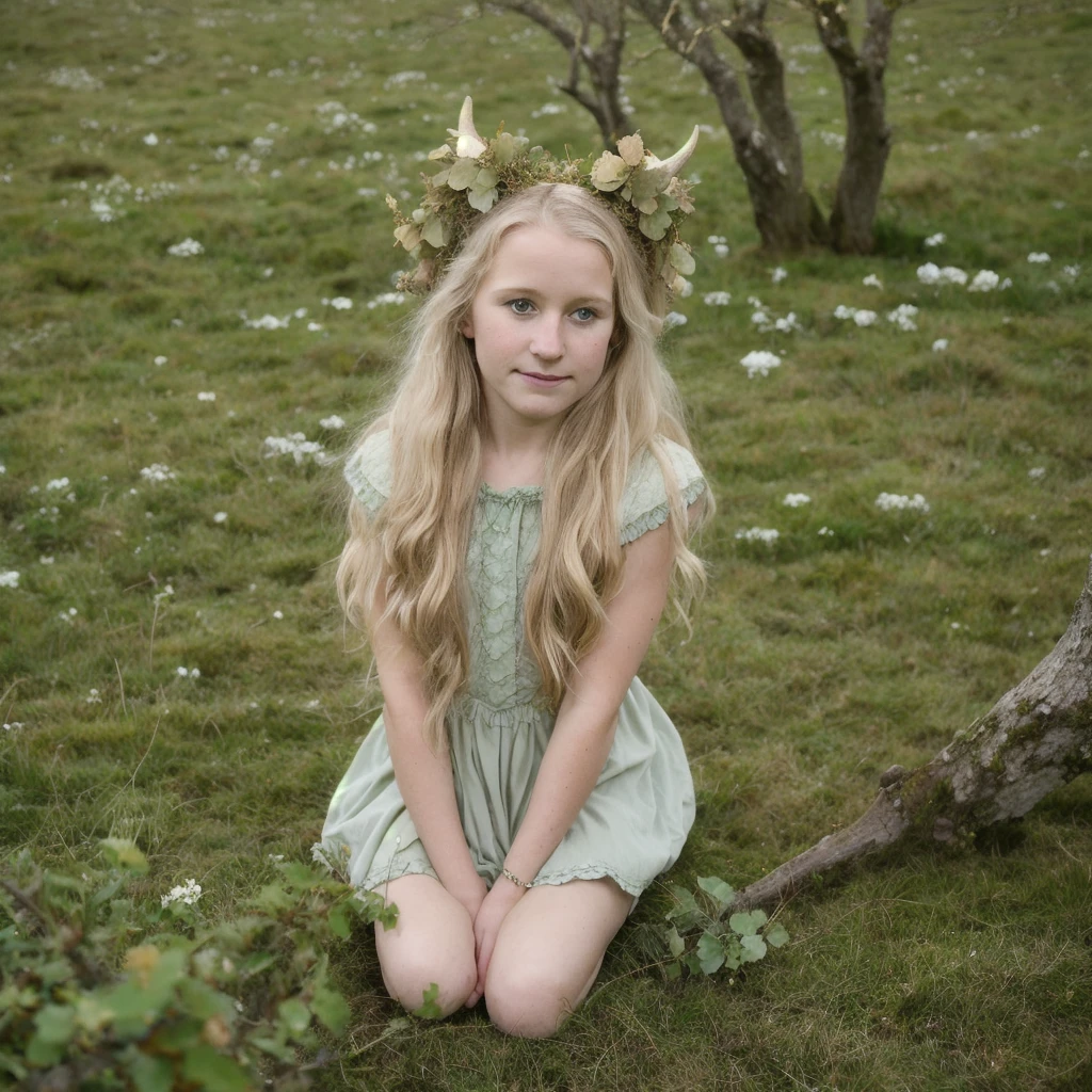 A closeup portrait photo of beautiful 25 year old pretty swedish blonde leprechaun girl, Hawthorn fairy tree in a irish sheep pasture, st patrick's day, ireland, Canon EOS 5D Mark IV, high emotional impact, experimental photography