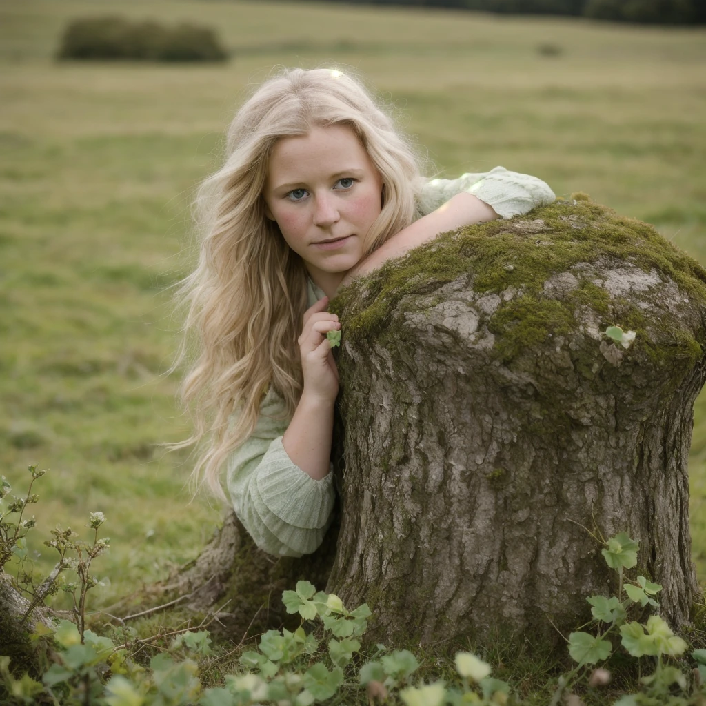 A closeup portrait photo of beautiful 25 year old pretty swedish blonde leprechaun girl, Hawthorn fairy tree in a irish sheep pasture, st patrick's day, ireland, Canon EOS 5D Mark IV, high emotional impact, experimental photography