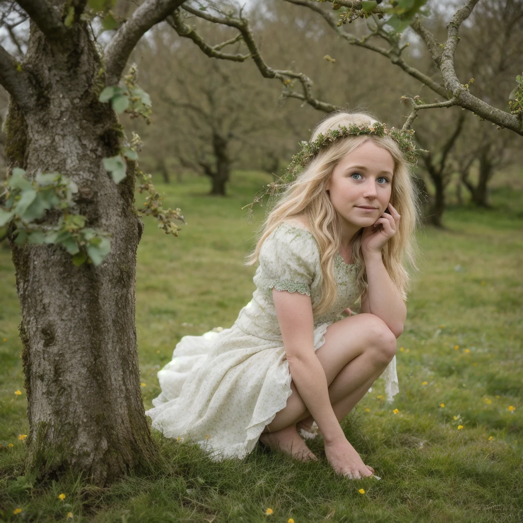 A closeup portrait photo of beautiful 25 year old pretty swedish blonde leprechaun girl, Hawthorn fairy tree in a irish sheep pasture, st patrick's day, ireland, Canon EOS 5D Mark IV, high emotional impact, experimental photography