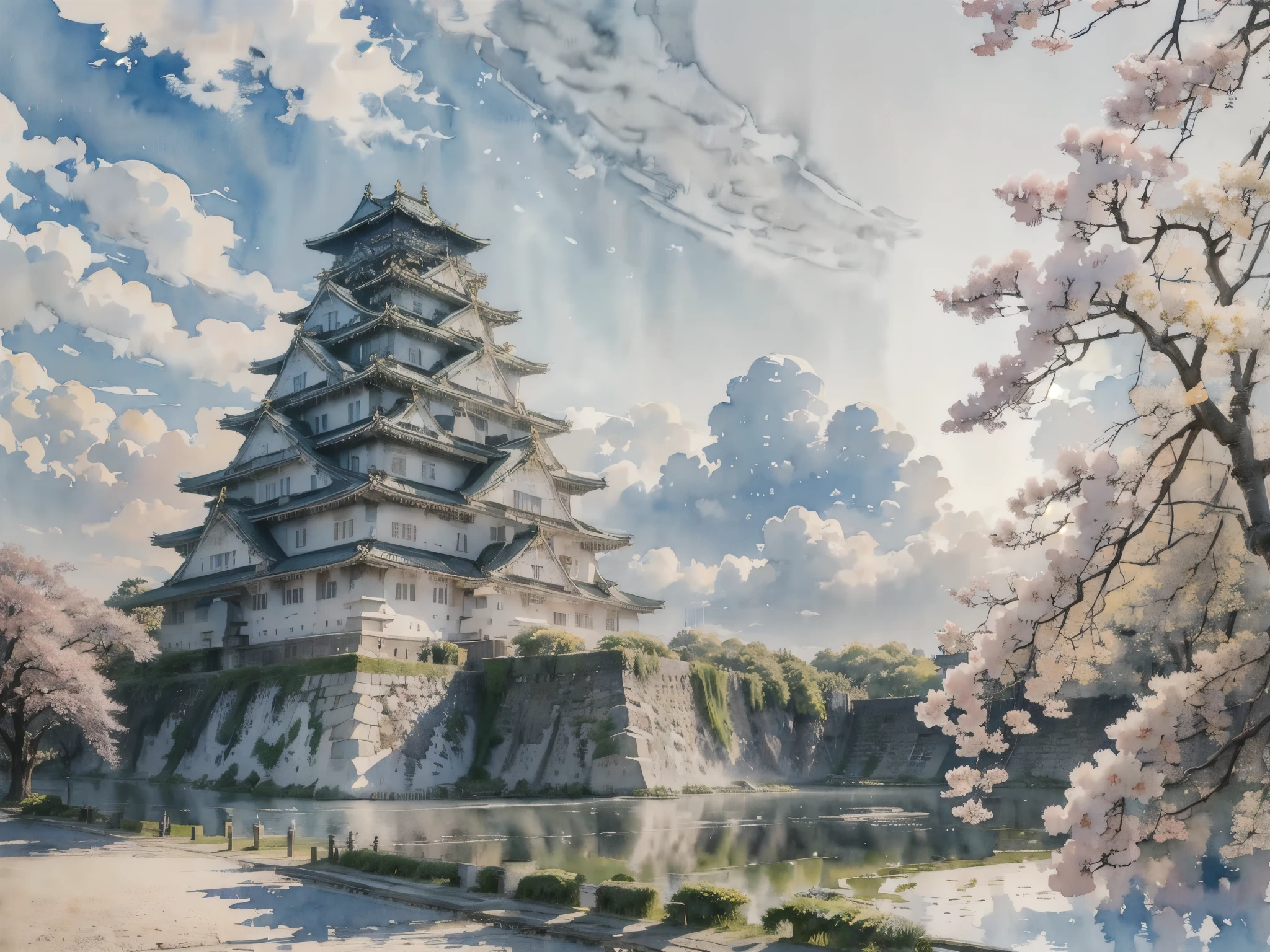 (masterpiece),(Highest quality:1.2),(Very detailed:1.2),(High resolution),(((watercolor))),8K,wallpaper,Osaka Castle,summer,(osakajou, cloud, tree, sky, outdoors, scenery, architecture, day, building, cloudy sky, road, blue sky, real world location)