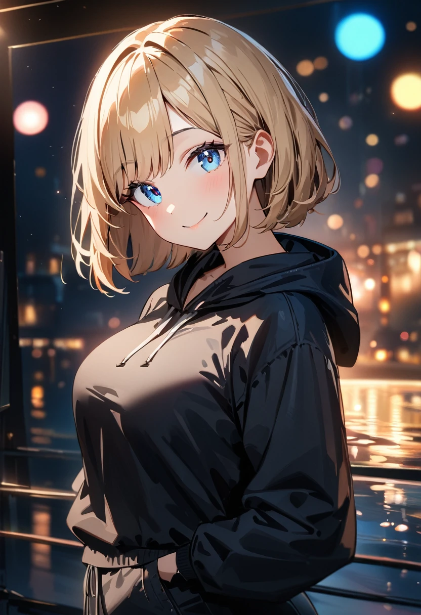 (((One girl))), blond hair, bob cut, (upper body), (looking at viewer), from above, big breasts, head tilt, (((blue eye))), (from side), hand in pocket, ((happy smile)), black hoodie, black shorts, anime style, (best quality, 4k, 8k, highres, masterpiece:1.2, ultra-detailed, ultra-detailed eyes, HDR, UHD, studio lighting, ultra-fine painting, sharp focus, physically-based rendering, extreme detail description, professional, vivid colors, bokeh)