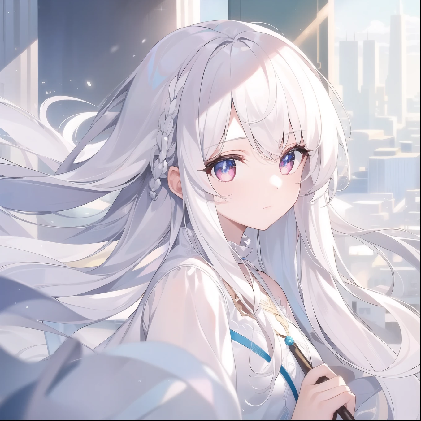 ((masterpiece, best quality))++, Detailed lighting+, Detailed hair+, Detail hand+ ,1 girl, Miss, Long hair, Crimson eyes, beautiful eyes, young white hair,,(Beautiful white hair:1.5),(Beautiful and delicate eyes), high resolution+,glass tint, Reflective eyes, {{angle}} , Very detailed wallpaper, The original, ,Sea of Flowers,Air bangs,city road,Double ponytails,Extremely beautiful CG,Girls shopping,Headband,Gray eyelashes,Suit