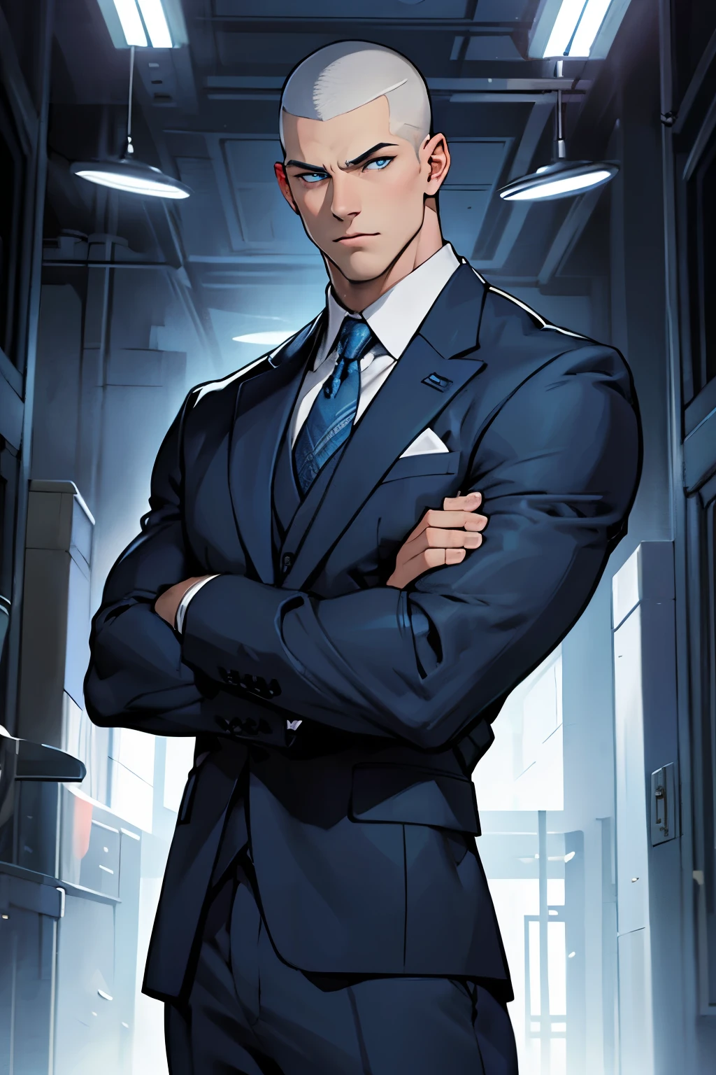 Drawing of a young Chad, Dark blue suit, Arms Crossed, Looking at the camera, male,Silver-white buzz cut,Blue Eyeuscle