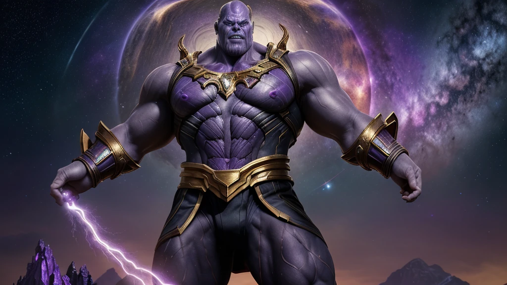 Create a majestic and powerful depiction of Thanos from the Marvel universe, making him appear as the ultimate god of gods, radiating cosmic energy and supreme authority. Show Thanos with an awe-inspiring presence, towering over the universe with an air of unmatched strength and divine magnitude.