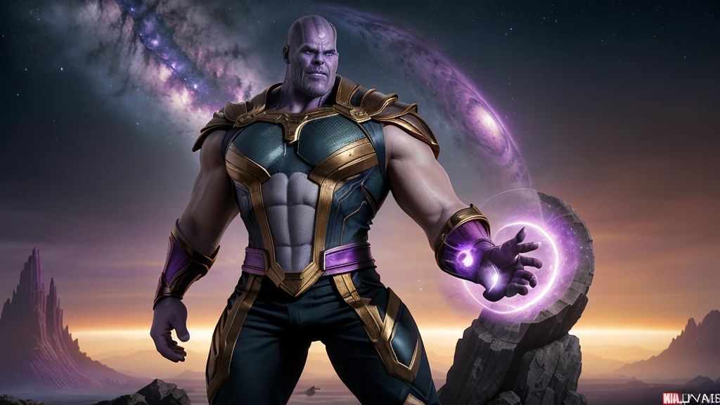 Create a majestic and powerful depiction of Thanos from the Marvel universe, making him appear as the ultimate god of gods, radiating cosmic energy and supreme authority. Show Thanos with an awe-inspiring presence, towering over the universe with an air of unmatched strength and divine magnitude.