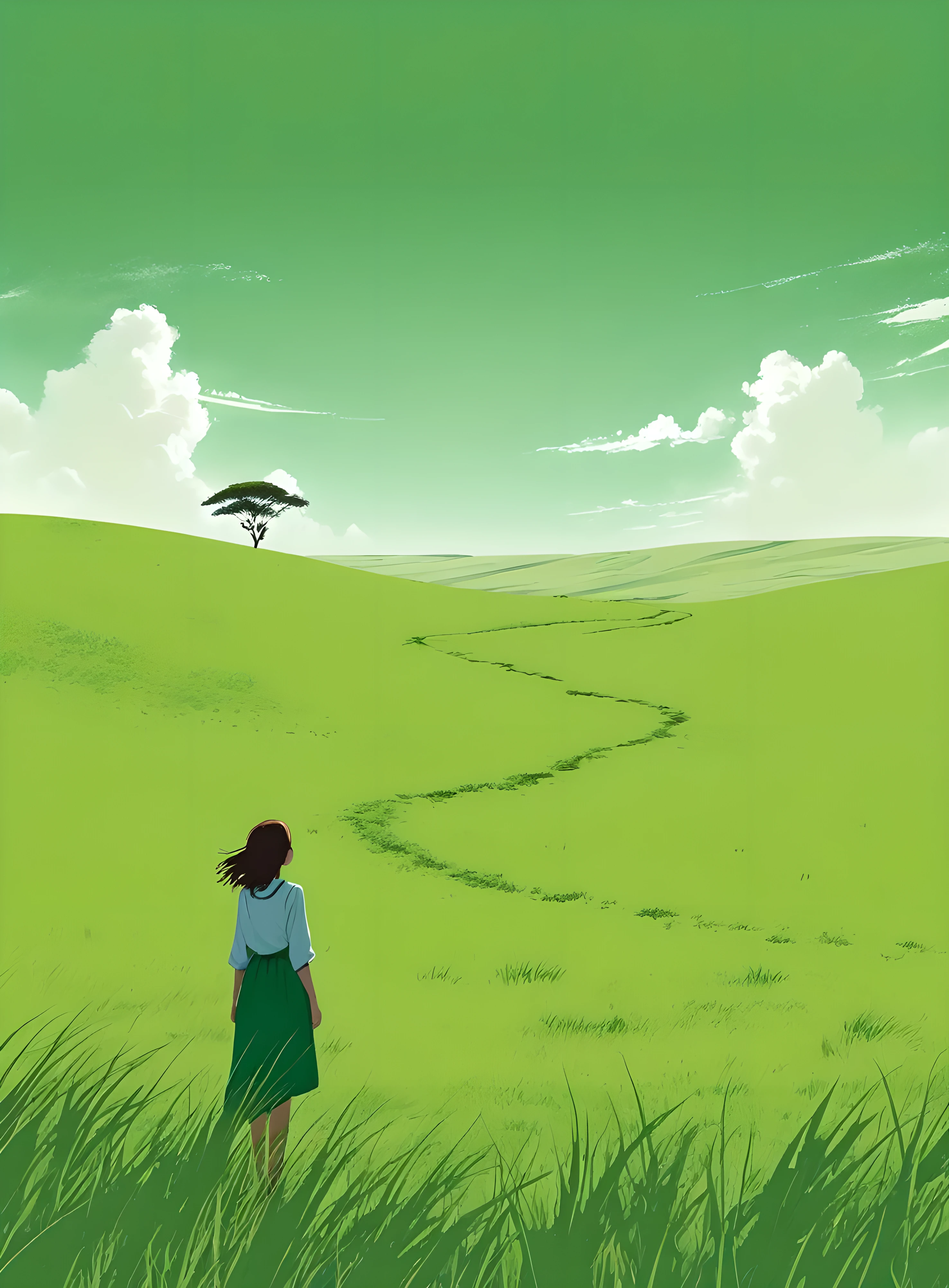 Minimalist Journey,solitary, green grassland,1 girl looking up at the sky, Minimalism, In the savannah, illustration.