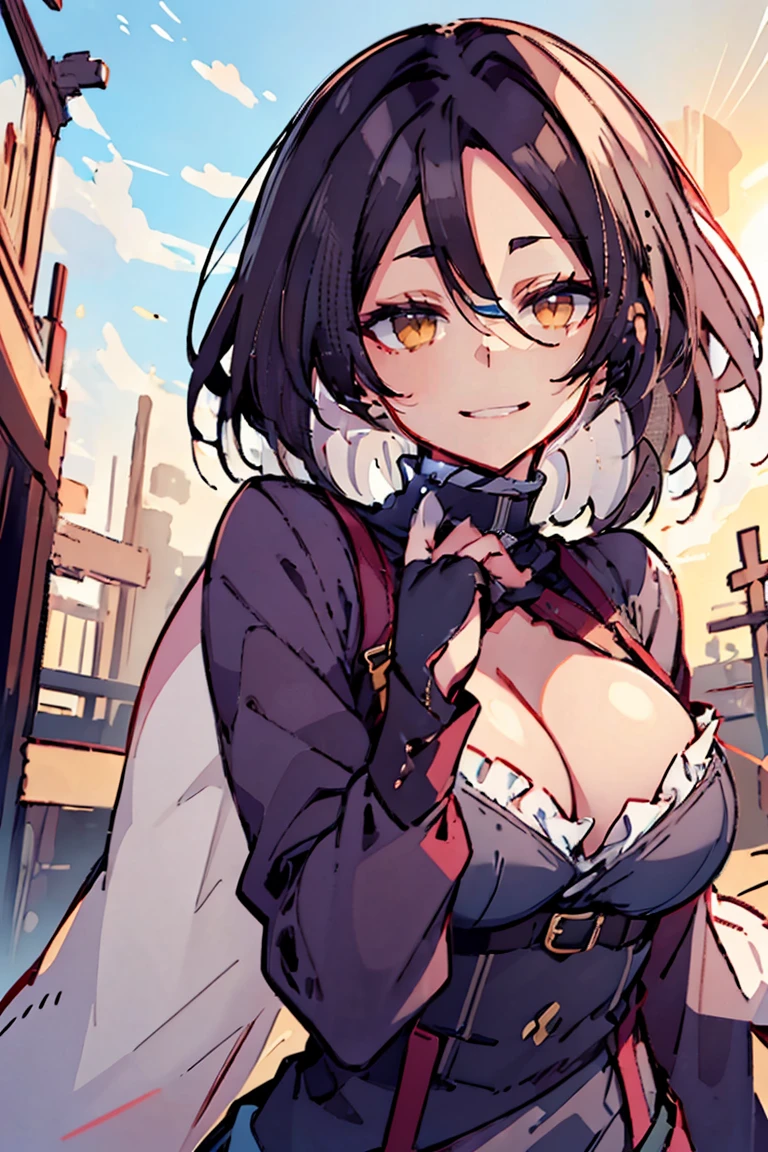 (masterpiece:1.2), (high quality:1.2), (hui xiyi:0.7), rekkyo sensen, rekkyou sensen, girls with((black hair, (tits cleavage:1.15), (breasts close up:1.15), (suspenders:1.2), (dress:0.65), (blue clothes:1.05), (belts:0.7), (frills shirt:1.2), (white knit sweater:1.2), (blue frills camisole:1.2), exposed breasts, straps, (cross clothes:1.15), (cross:1.05), upper body, (long wavy hair:1.2), (one side up:1.55), nun, long sleeves, (perfect hands:1.05), (five fingers:1.05))), background with((fantasy world, ruin, castle, beautiful sky, shining sky, sunshine))
