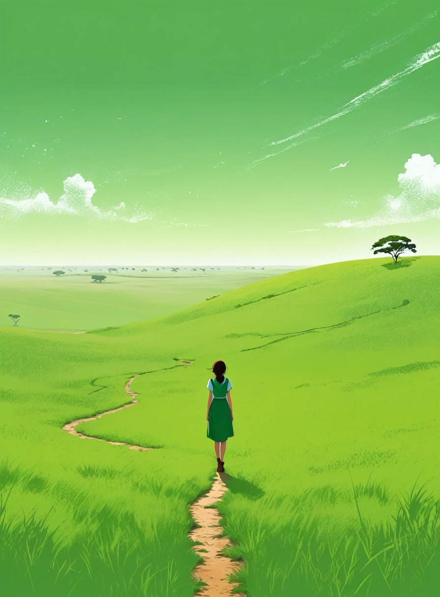 Minimalist Journey,solitary, green grassland,1 girl looking up at the sky, Minimalism, In the savannah, illustration.