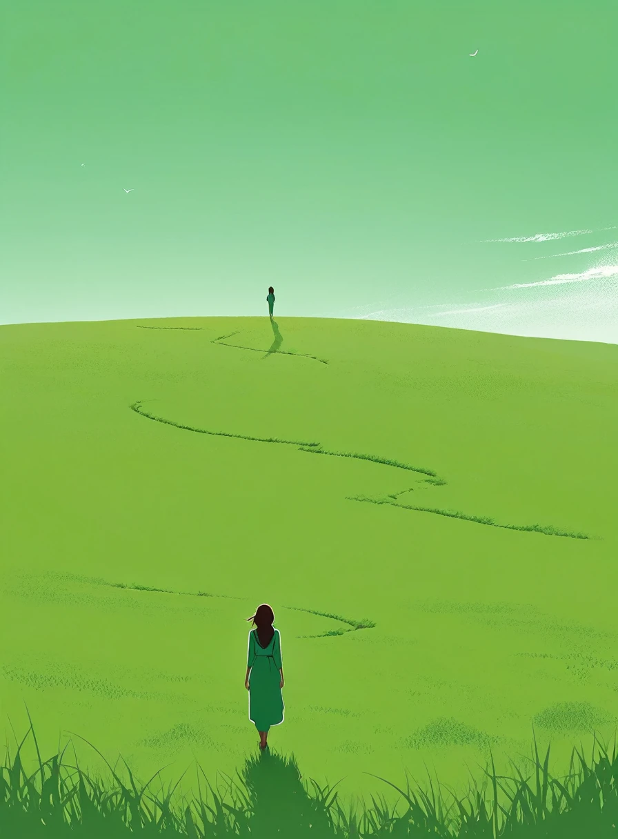 Minimalist Journey,solitary, green grassland,1 girl looking up at the sky, Minimalism, In the savannah, illustration.