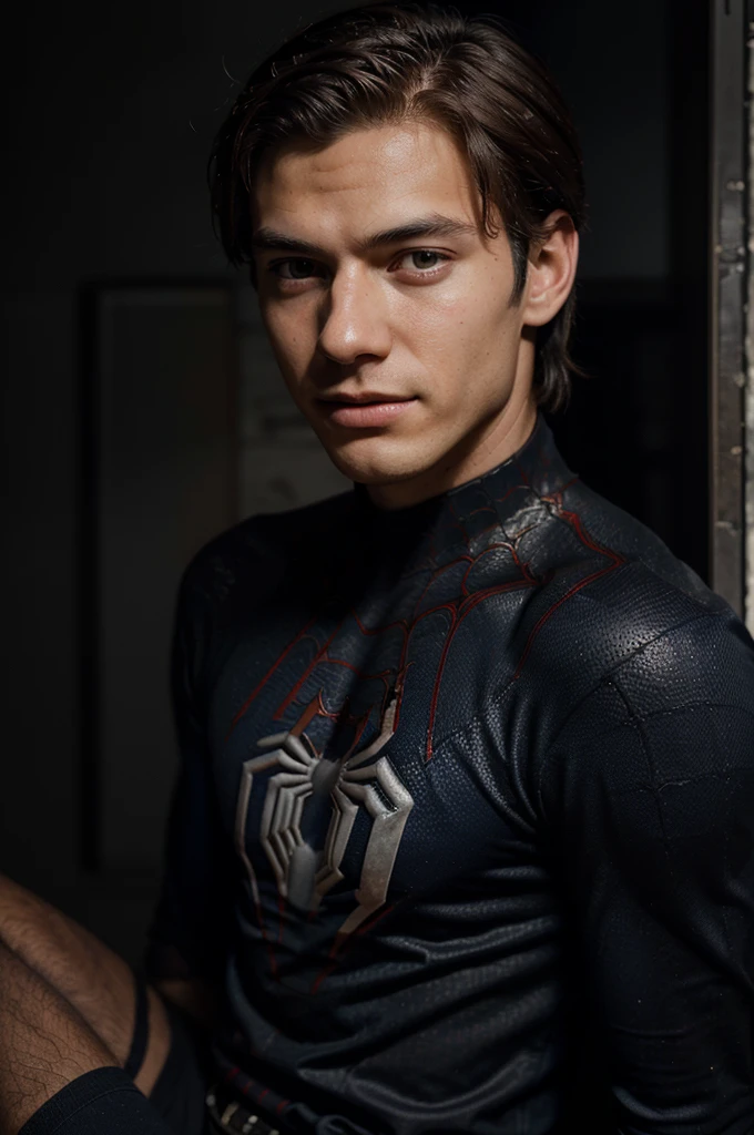 A photograph of spider man, no mask, 20 yo, handsome, detailed face, looking at camera, portrait, 8k uhd, high quality