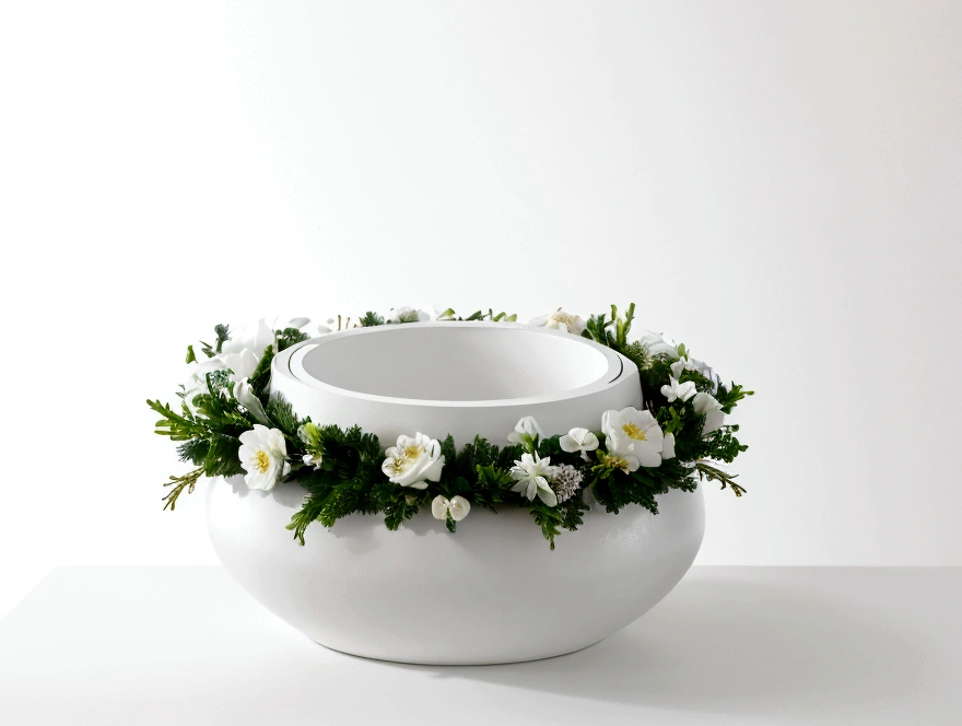 White background,a wreath, Made of flowers, Perfect minimalist composition, , elegant composition, Beautiful composition 3-d 4k, Background still life photo