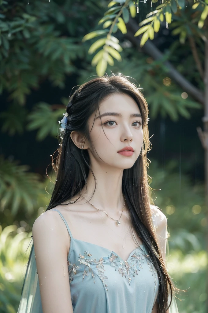 (((best quality))),(((ultra detailed))),(((masterpiece))),illustration,1 beautiful girl,solo,slim,thin,flat chest,shoulder length straight bob hair,flowing hair,fair skin,(shiny skin:1.3),sparkling eyes,blue dress,delicate necklace,grass,dewdropletts,trees,bird chirping,(shimmering shadows:1.3),serenity,gratitude,awe,wonders of nature,peace,contentment,magnificent world,summer,(pitch-dark dawn:1.5),(night scene:1.3),upper body,from front,(after rain:1.3),(wet:1.3),standing,dark clouds,confident gaze,elegant posture,mysterious atmosphere,solemn mood,beam of light,deep blue sky,dawn approaching,detailed decorations