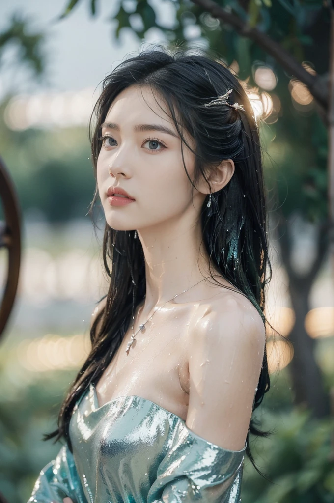 (((best quality))),(((ultra detailed))),(((masterpiece))),illustration,1 beautiful girl,solo,slim,thin,flat chest,shoulder length straight bob hair,flowing hair,fair skin,(shiny skin:1.3),sparkling eyes,blue dress,delicate necklace,grass,dewdropletts,trees,bird chirping,(shimmering shadows:1.3),serenity,gratitude,awe,wonders of nature,peace,contentment,magnificent world,summer,(pitch-dark dawn:1.5),(night scene:1.3),upper body,from front,(after rain:1.3),(wet:1.3),standing,dark clouds,confident gaze,elegant posture,mysterious atmosphere,solemn mood,beam of light,deep blue sky,dawn approaching,detailed decorations