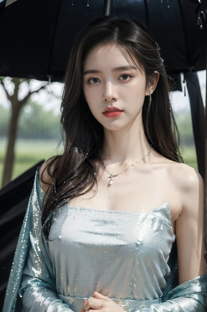 (((best quality))),(((ultra detailed))),(((masterpiece))),illustration,1 beautiful girl,solo,slim,thin,flat chest,shoulder length straight bob hair,flowing hair,fair skin,(shiny skin:1.3),sparkling eyes,blue dress,delicate necklace,grass,dewdropletts,trees,bird chirping,(shimmering shadows:1.3),serenity,gratitude,awe,wonders of nature,peace,contentment,magnificent world,summer,(pitch-dark dawn:1.5),(night scene:1.3),upper body,from front,(after rain:1.3),(wet:1.3),standing,dark clouds,confident gaze,elegant posture,mysterious atmosphere,solemn mood,beam of light,deep blue sky,dawn approaching,detailed decorations