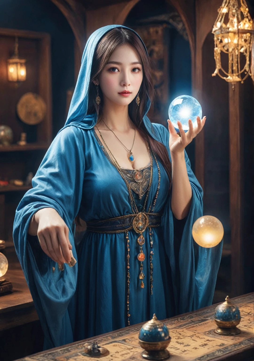 Female fortune teller. Charming, beautiful, and mysterious. She wears a blue cloak and has distinct features. front. The atmosphere is bright and sparkling, full of anxiety and anticipation. A fortune teller is standing there. The body is facing forward. he is looking at you He has a crystal ball in his hand. There are five fingers on the right hand. The interior of the store is brightly lit and creates a magical atmosphere. Best picture quality, 4k or 8k resolution. The level of detail is very detailed and realistic, close to photorealism. Artistic style should reflect an official aesthetic with bright colors and strong contrasts. The color palette should emphasize the mystical and mystical theme of the work. The fortune teller's cloak has a metal edging with a thickness ratio of 1.5 and a detailed design. The overall atmosphere is magical, like a starry sky. The fortune teller's expression arouses mystical interest. Please take a photo from the front.