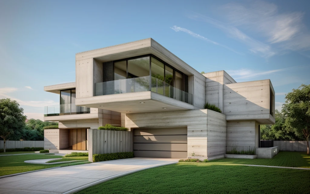 MODERN HOUSE, CONCRETE WALL, TREES, GRASS