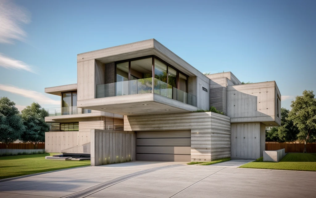 MODERN HOUSE, CONCRETE WALL, TREES, GRASS