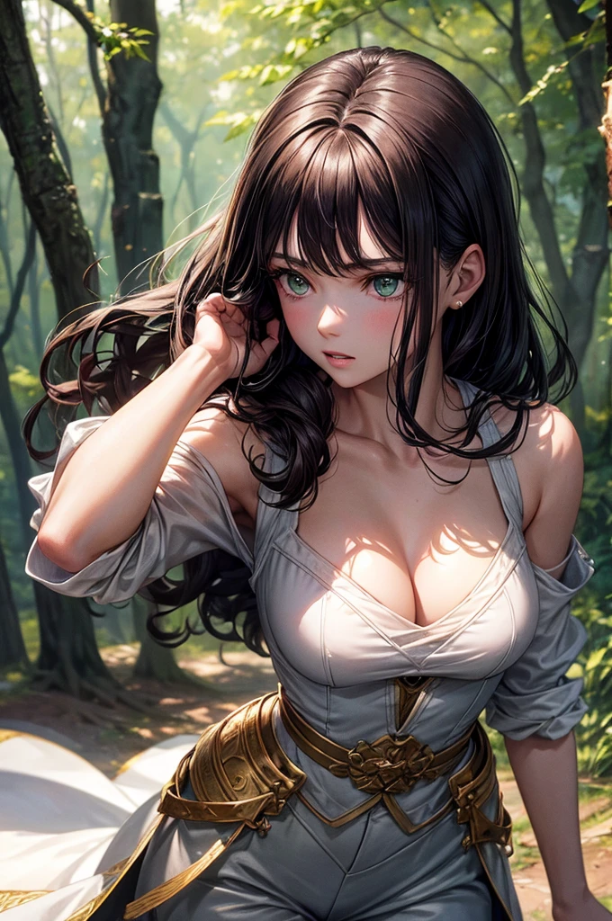 8K, best quality, masterpiece, Very detailed, Semi-realistic, a girl, a girl, 20 years old, looking at hands, Dark brown bangs long hair, curls, Green eyes, Black Japanese tailoring clothes, White pants, Bare shoulders, gold details, Slim down, Cold expression, Battle scenes, outdoor, Forest Background, There are many trees and dark sky