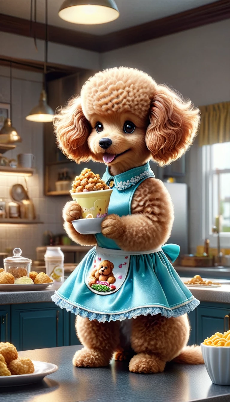 "A ginger poodle wearing a cute dress eating food on the counter, with photorealistic lighting, Garfield the cartoon poodle, photorealistic screenshot, high-quality photorealism, photorealistic style, hyper-realistic content, food commercial in 4K, Snapchat photo, photorealistic rendering, hyper-real rendering, photo-realistic image, realistic 3D style, photorealistic picture."