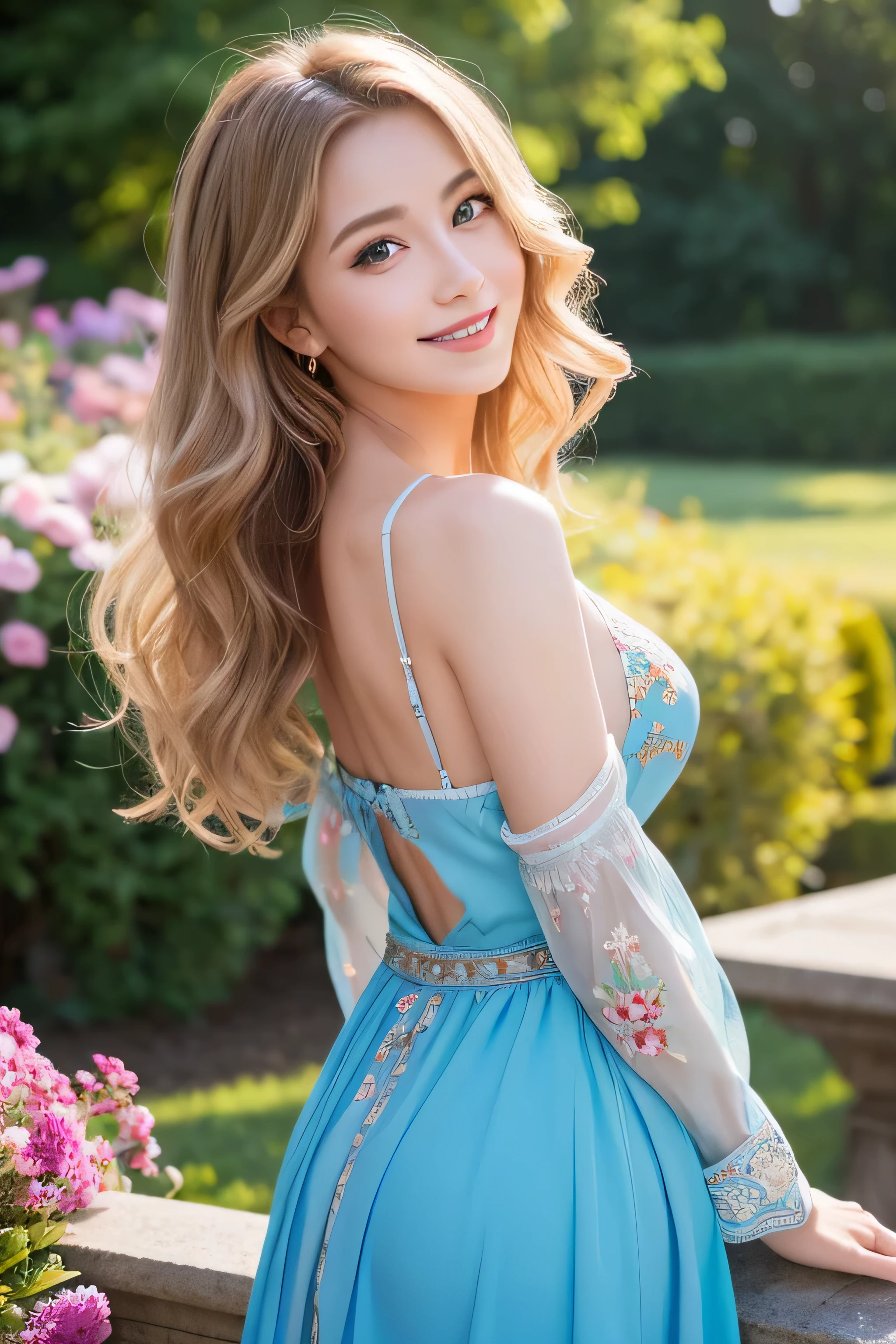 8K,Woman looking at the garden,Super Beauty(Like the real thing),Blue clothes,Beautiful views,Blonde curly hair,Expose your shoulders, Hairstyle, Beautiful expression,blue eyes, Messy, I am proud, absurdes, Elegant mini dress with gorgeous embroidery, Cowboy Shot, Portraiture, (Highest quality), (Tabletop), (Very detailed), masterpiece,Highest quality photorealistic RAW photos。Backlight, Cinema Lighting, Film Grain, to be born, 50MM lens, Nikon D850,Ultra-Realistic Skin,Fantasy art,Character Art,Ultra-high resolution,Muscular and lean build,Perfect hands,Compensate,full body portrait,Dynamic pose,Very large breasts,Big smile,Long straight hair_Hair reaching down to the waist、
