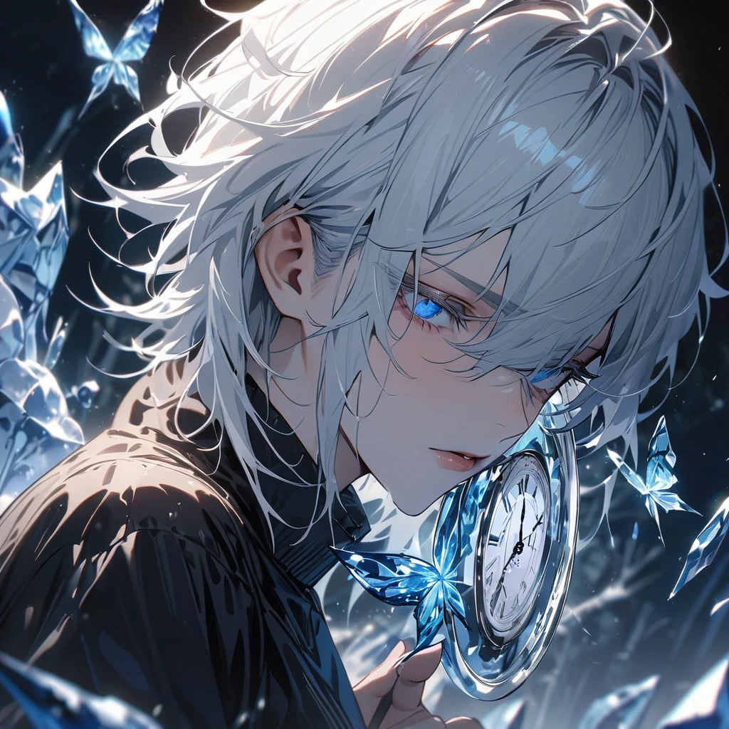 Absurd, High resolution, Super detailed, High resolution, masterpiece, Highest quality, Highly detailed face and eyes, Perfect Face, Beautiful Eyes, Gojo Satoru, White hair with bangs, Hair between the eyes, Expressive blue eyes, White eyelashes, JUJUTSU KAİSEN, alone, Sexy man, good looking, Ice Clock, Ice Butterfly, Ice Tree, Ice Flower, Ice Flowerびら