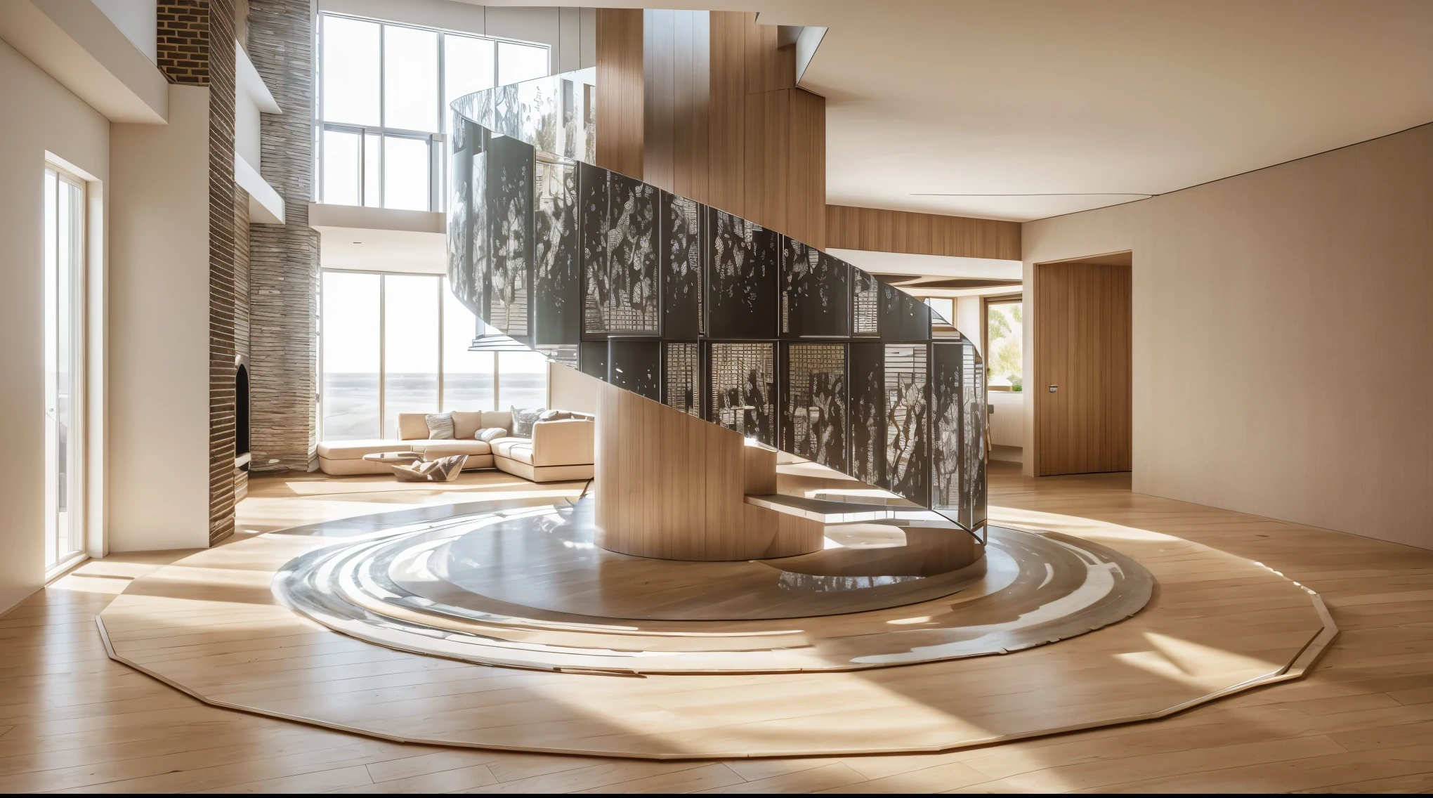 “ scandinavian living room
style, stair circle, curtains,
glass window, masterpice
paintings, terazzo floor,
daylight, soft light ”