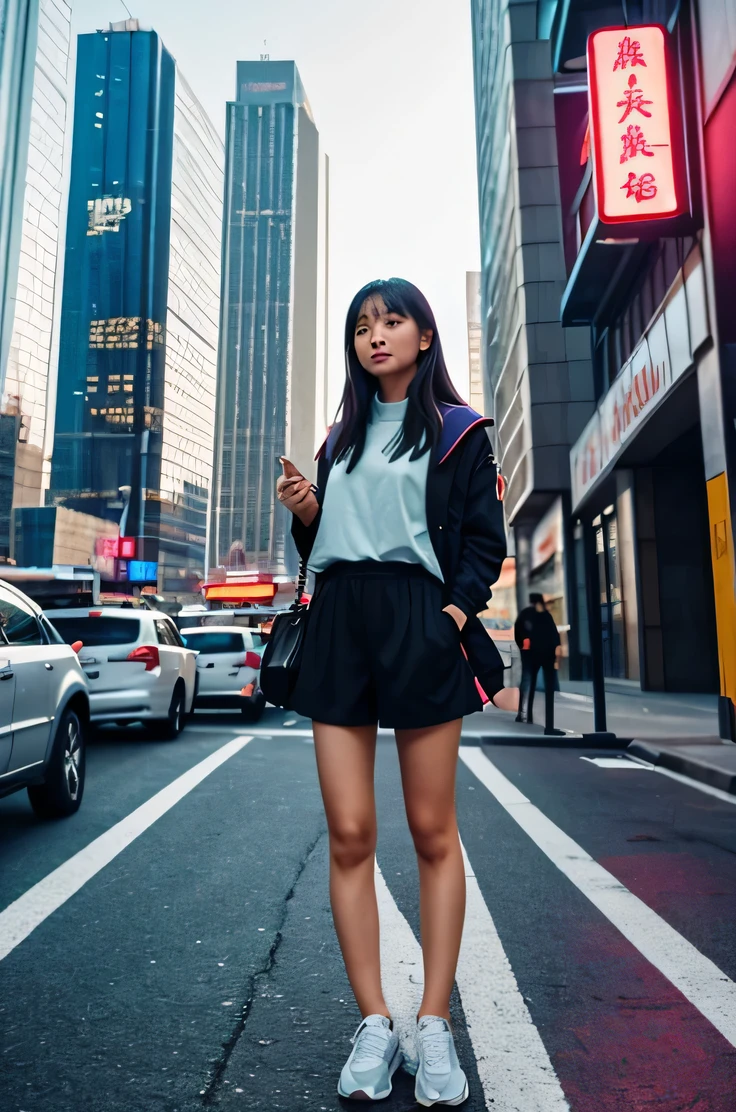 Scenario Description:A bright future city,Tall buildings decorated with neon lights,Flying car flies by quickly。A young girl,my,Stand in the foreground,Looking around in surprise。The city's architectural style is simple and modern,与my穿着的传统衣服形成鲜明对比。
Number of roles:1 Location:Future city street time:Evening Role:my
穿着:my穿着一件来自21世纪的简单现代连衣裙,Carrying a backpack and wearing sneakers,Seems a bit out of place。
Posture and movement:my站在人行道中间,Slightly staggering posture,It seems like I just got here,Her eyes were wide open.,Looking around with curiosity。
expression:my看起来既惊讶又有些困惑,Trying to understand the advanced urban landscape in front of us。