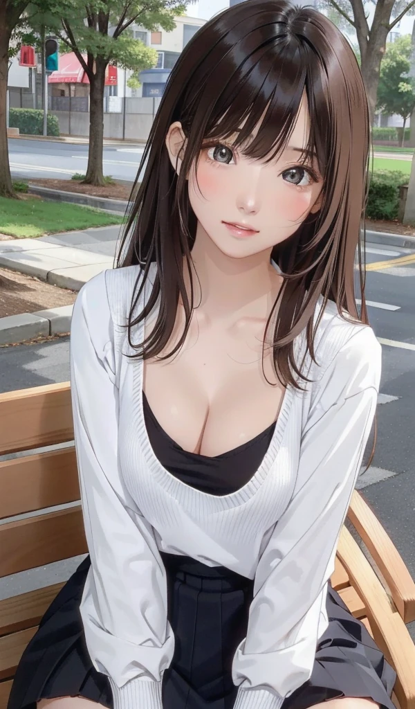 (One girl:1.3), Sexy pose, The body is slim,Bra is visible、Cleavage、
(Realistic:1.4), (masterpiece, Highest quality, Highest quality, Official Art), Very detailed, Most detailed, (Super detailed), ((Very delicate and beautiful)), Cinematic Light,  (Realistically:1.3), 
(Highly detailed skin:1.2), High resolution, 8K UHD, 4K, 8K, Bokeh, 
Digital single-lens reflex camera, Absurd, Optimal ratio of four fingers to one thumb,
wood々In a park with,Sitting on a bench, 
((Silky long hair)), (Brown Hair),  tears,
Beautiful Face, Perfect Face, highly detailed Beautiful Face, 
cute, shy,blush,
Dynamic Angle, From above,View your viewers,  
Wearing a brown sweater,skirt