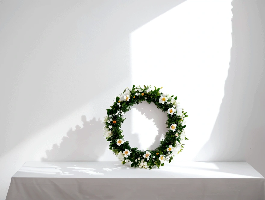 White background,a wreath, Made of flowers, Perfect minimalist composition, , elegant composition, Beautiful composition 3-d 4k, Background still life photo