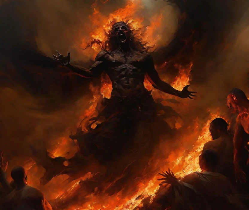 dark theme painting of a horrific setting of demon dancing on the damned as they burn in eternal hell fire in the style of bastien lecouffe deharme, the fires of hell a with people moaning in pain in the background, dreamy and ethereal, expressive poses, big black eyes, tormented expressions, fantasy, intricate, elegant, dark and moody smoke, highly detailed, ominous baroque digital painting, concept art, smooth, sharp focus, illustration, black flowing ink, blackened eyes, fire and brimstome, death and decay, landscape painting