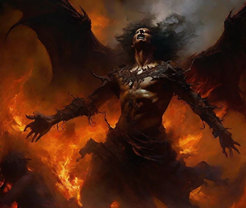 dark theme painting of a horrific setting of demon dancing on the damned as they burn in eternal hell fire in the style of bastien lecouffe deharme, the fires of hell a with people moaning in pain in the background, dreamy and ethereal, expressive poses, big black eyes, tormented expressions, fantasy, intricate, elegant, dark and moody smoke, highly detailed, ominous baroque digital painting, concept art, smooth, sharp focus, illustration, black flowing ink, blackened eyes, fire and brimstome, death and decay, landscape painting