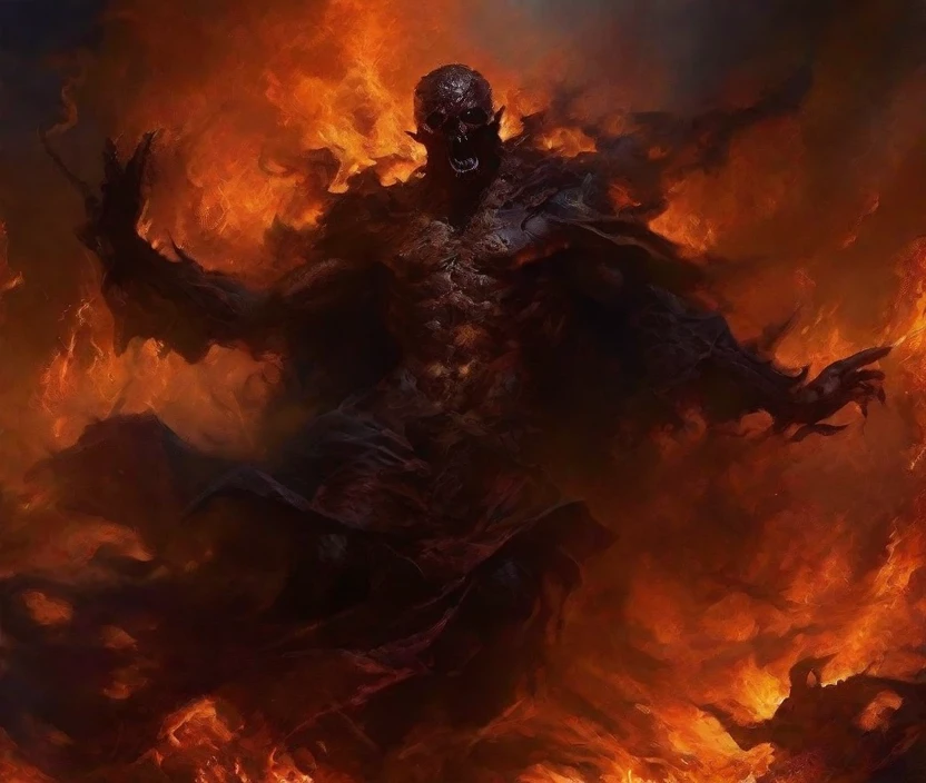 dark theme painting of a horrific setting of demon dancing on the damned as they burn in eternal hell fire in the style of bastien lecouffe deharme, the fires of hell a with people moaning in pain in the background, dreamy and ethereal, expressive poses, big black eyes, tormented expressions, fantasy, intricate, elegant, dark and moody smoke, highly detailed, ominous baroque digital painting, concept art, smooth, sharp focus, illustration, black flowing ink, blackened eyes, fire and brimstome, death and decay, landscape painting