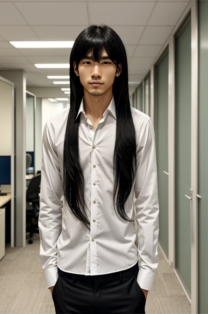 Screenshot of an attractive japanese man, 24 years old, slim and toned body, light-warm skin tone, medium wavy black hair above his shoulders with the tips up and long bangs heading to the side, dark green eyes, ear piercings, expression: slightly flushed, wearing white office shirt with a black tie, is standing with a hand behind the head, background of a office.