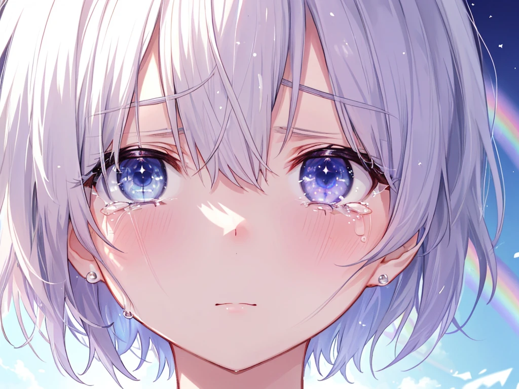 (((Extreme close-up tears Face of despair Upward))) ((輝くtears Rainbow Eyes Short Hair Receiving the light Rainbow light)) (Shining Edge)