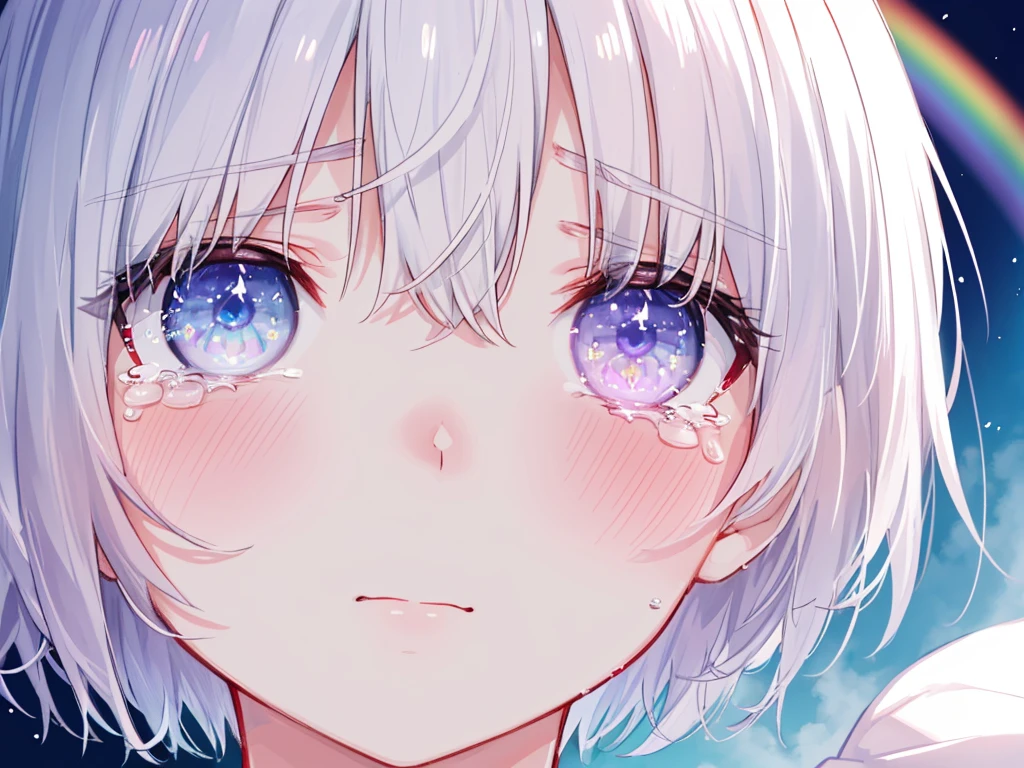 (((Extreme close-up　tears　Face of despair　Upward)))　((輝くtears　Rainbow Eyes　Short Hair　Receiving the light　Rainbow light))　(Shining Edge)