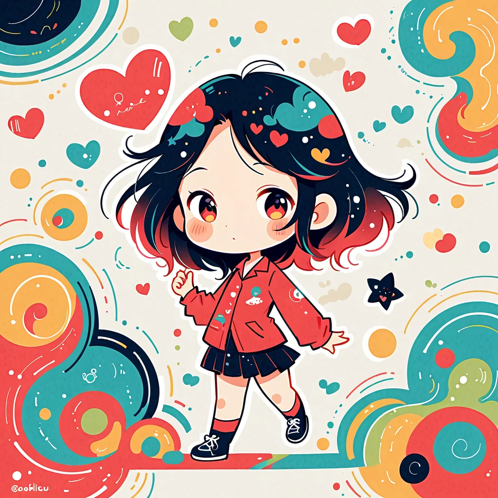 Black Star Red and White style, Simple Line Initialism，Abstract art，Urban Background, colorful hearts ,(((The most beautiful girl of all time))), (((chibi))), walking with Cute amoeba. Rain