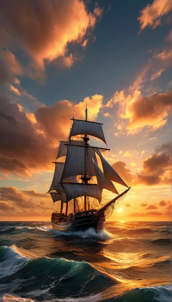 A stunning seascape, beautiful sunrise over the open ocean, a sailing ship gliding towards the first rays of the sun, dramatic sky colors, ultra-detailed, realistic, photorealistic, HDR, cinematic lighting, dramatic atmosphere, dramatic ocean waves, dramatic clouds, masterpiece, highly detailed, vibrant colors, golden hour, ethereal, serene, calm sea, atmospheric, magnificent, breathtaking, awe-inspiring, sunrise time